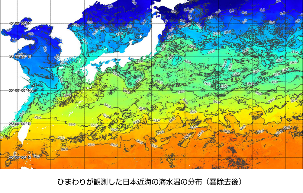 ひまわりが観測した日本近海の海水温の分布（雲除去後）
