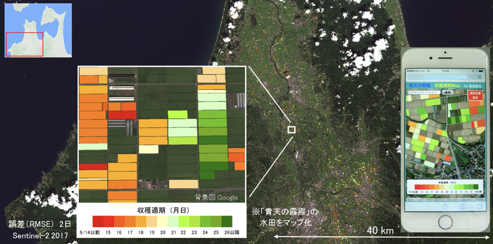 「収穫適期マップ」と「青天ナビ」のマップ表示画面（右側）