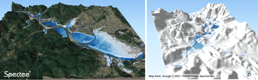 浸水推定のイメージ図（スペクティ提供）左図：航空写真上に推定浸水範囲を表示した図　右図：推定浸水範囲を強調した図